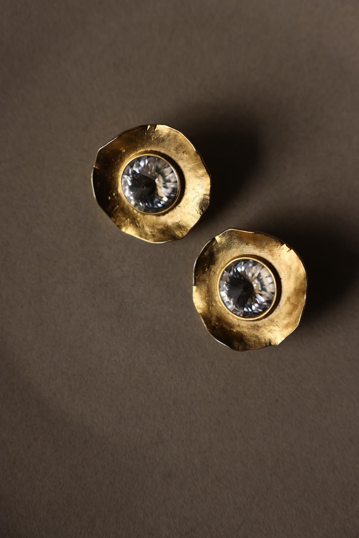 Gold Tone Hammered Round Clear Rhinestone Statement Clip-On Earrings