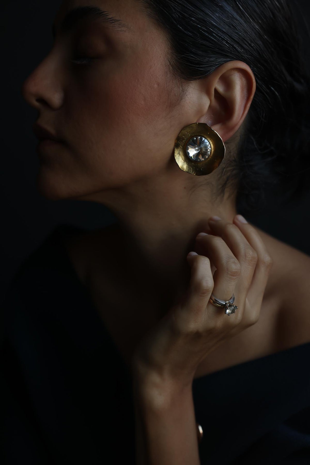 Gold Tone Hammered Round Clear Rhinestone Statement Clip-On Earrings