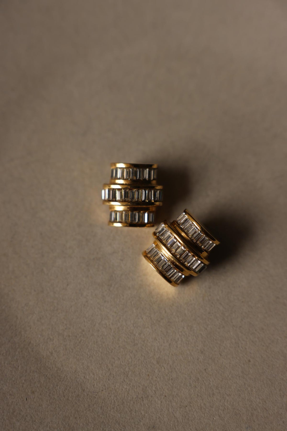 Gold Plated Triple Row Baguette Rhinestone Clip-On Earrings
