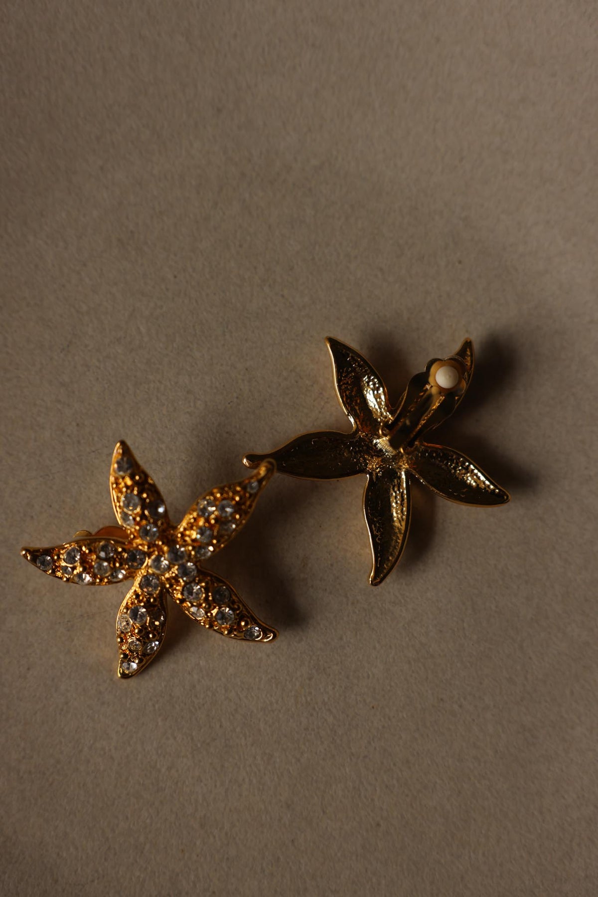 Gold Tone Clear Rhinestone Starfish Clip-On Earrings|Vintage Baazaar 