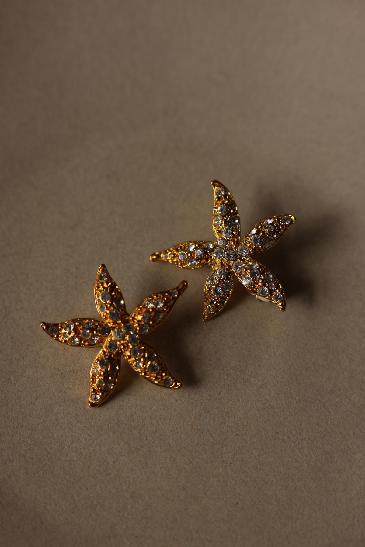 Gold Tone Clear Rhinestone Starfish Clip-On Earrings|Vintage Baazaar 