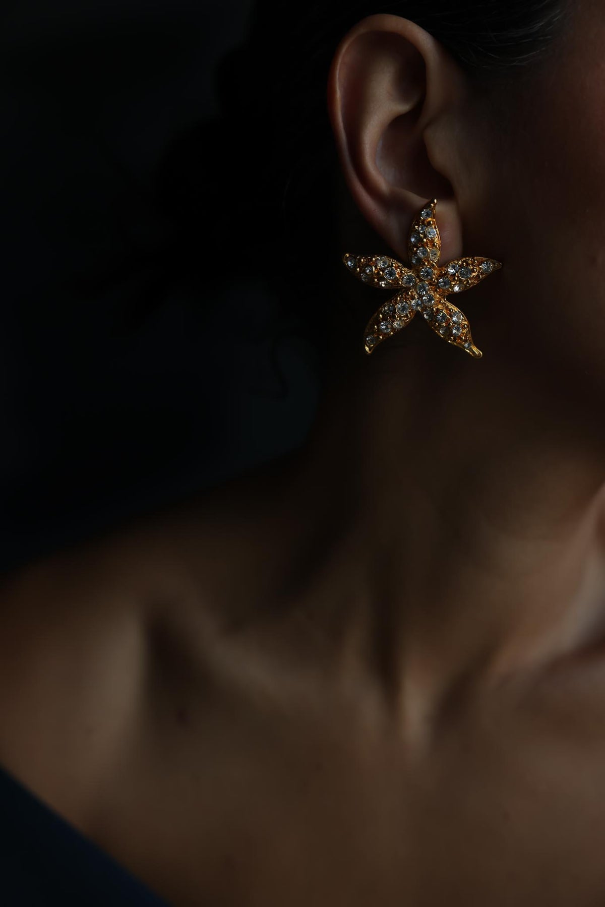 Gold Tone Clear Rhinestone Starfish Clip-On Earrings|Vintage Baazaar 