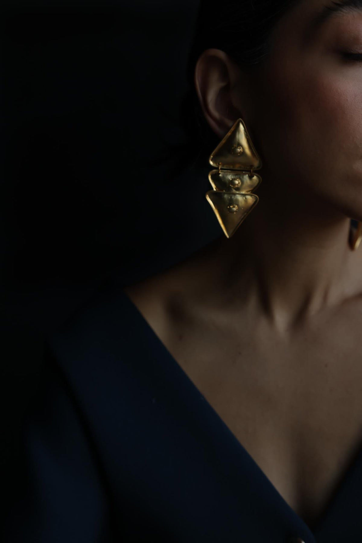 Gold Tone Oversized Triple Triangle Clip-On Earrings
