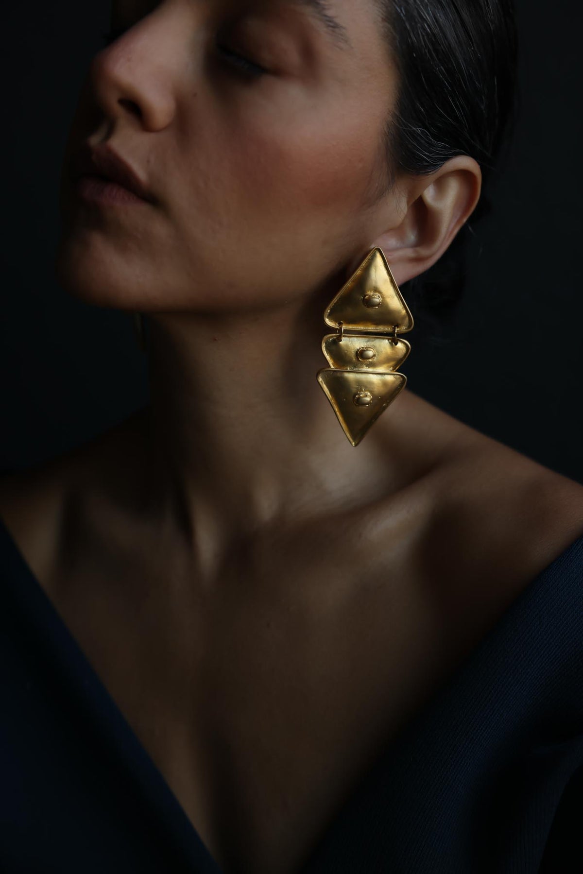 Gold Tone Oversized Triple Triangle Clip-On Earrings