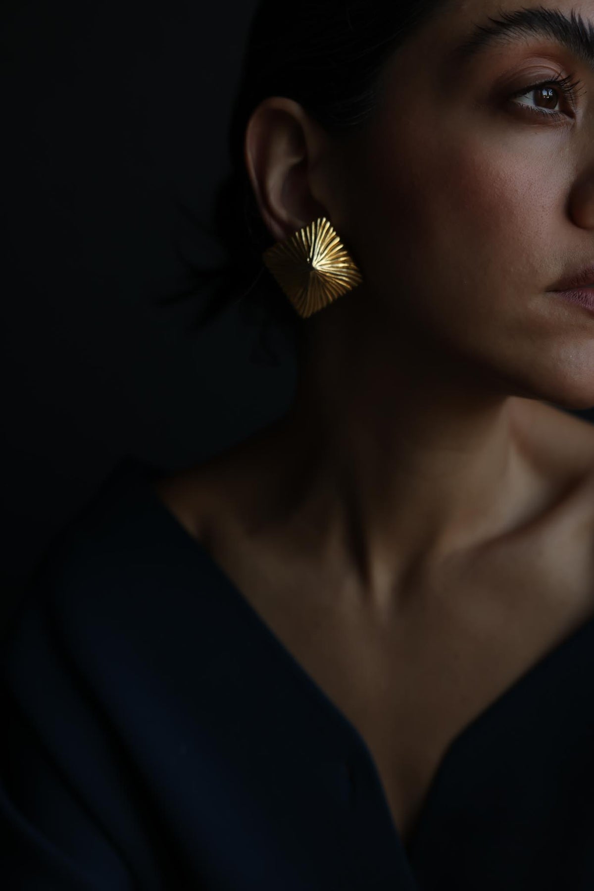 Gold Tone Ridged Square Statement Clip-On Earrings