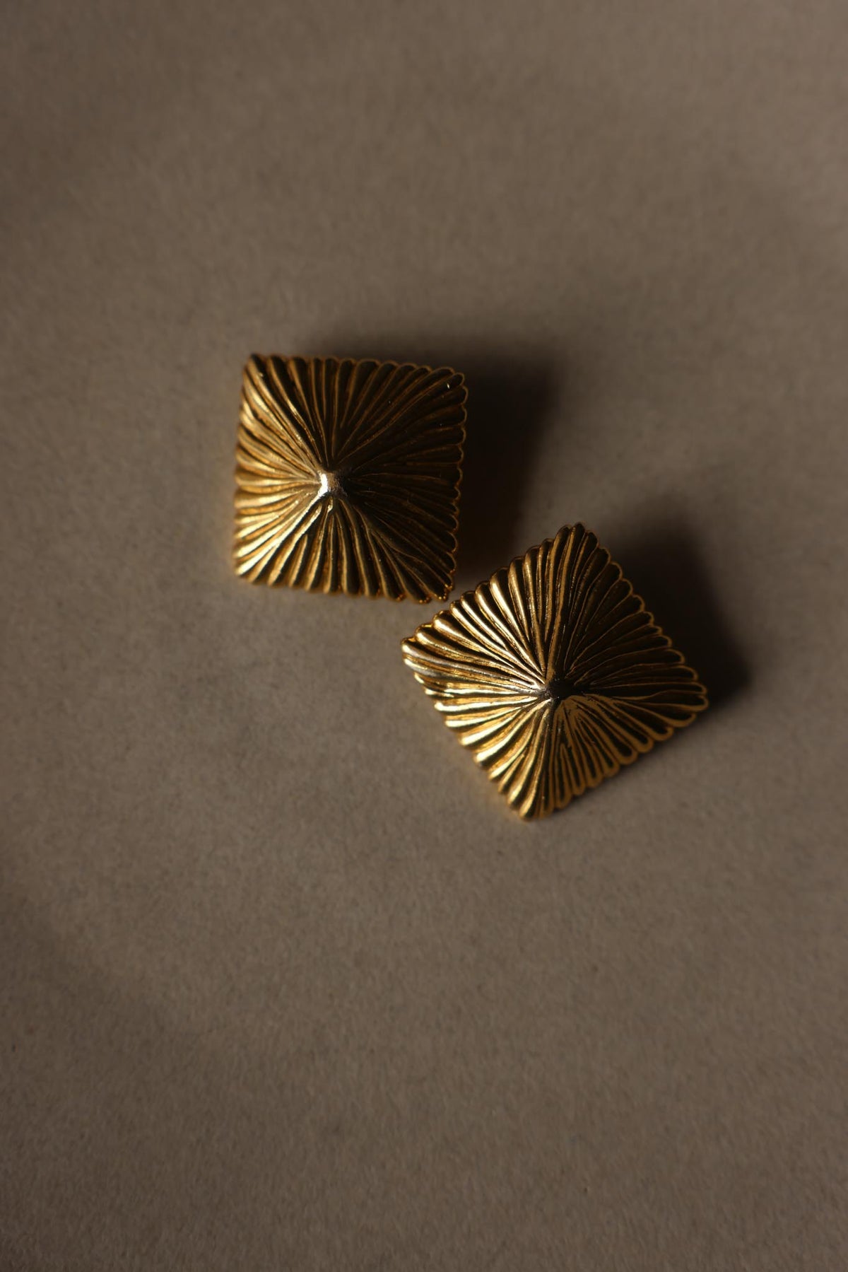 Gold Tone Ridged Square Statement Clip-On Earrings