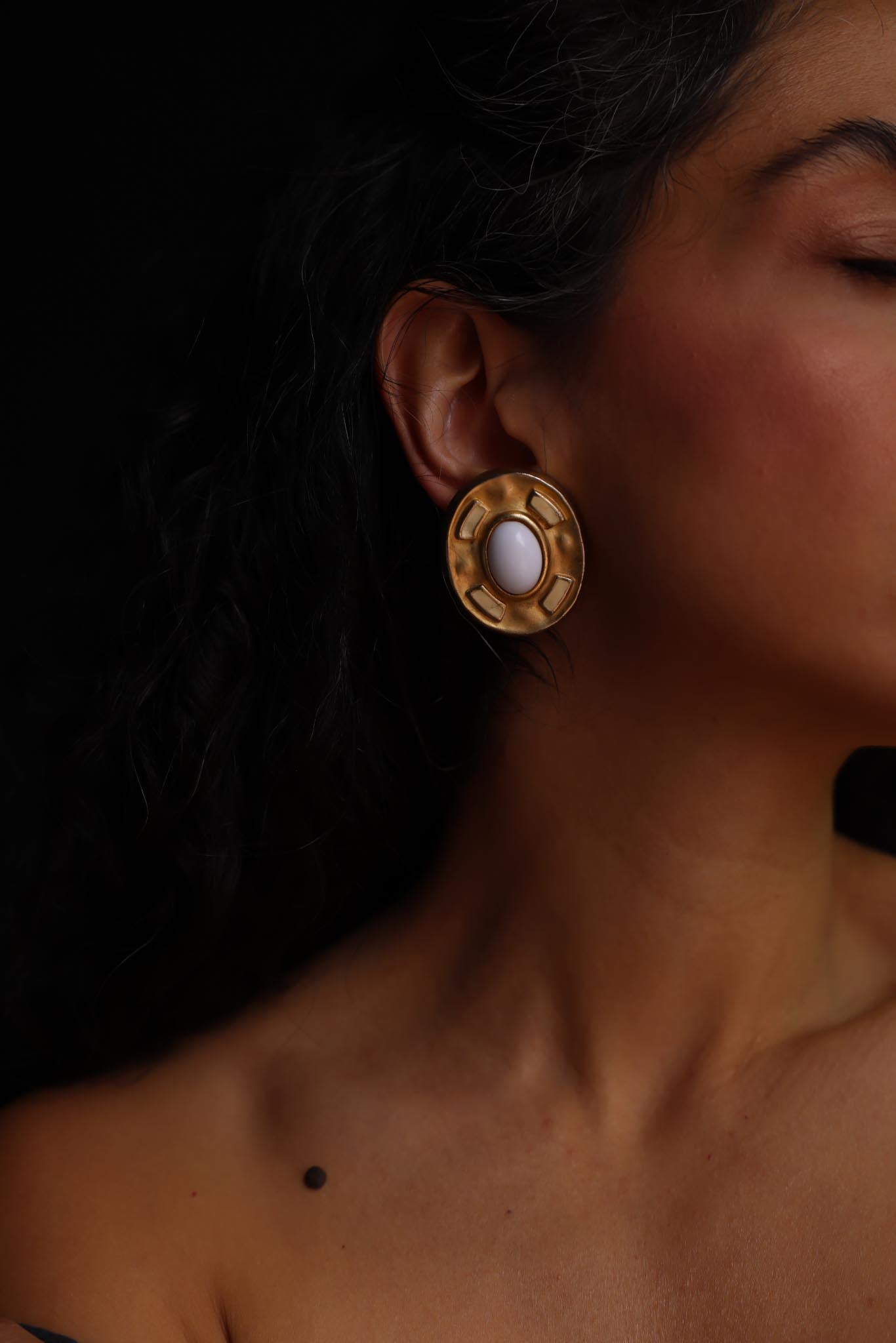 Oval White Cabochon Clip-On Earrings