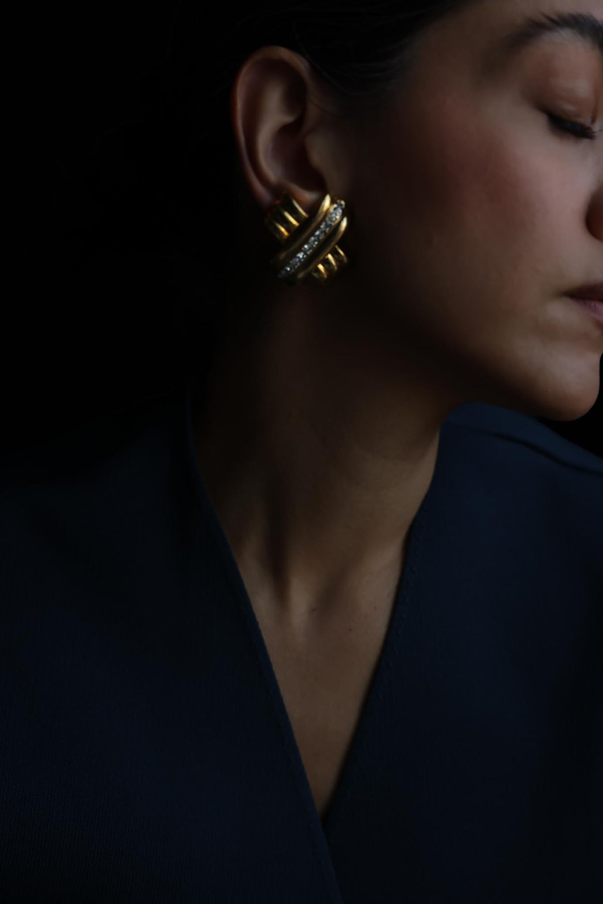 Gold Tone Crisscross Clear Rhinestone Clip-On Earrings
