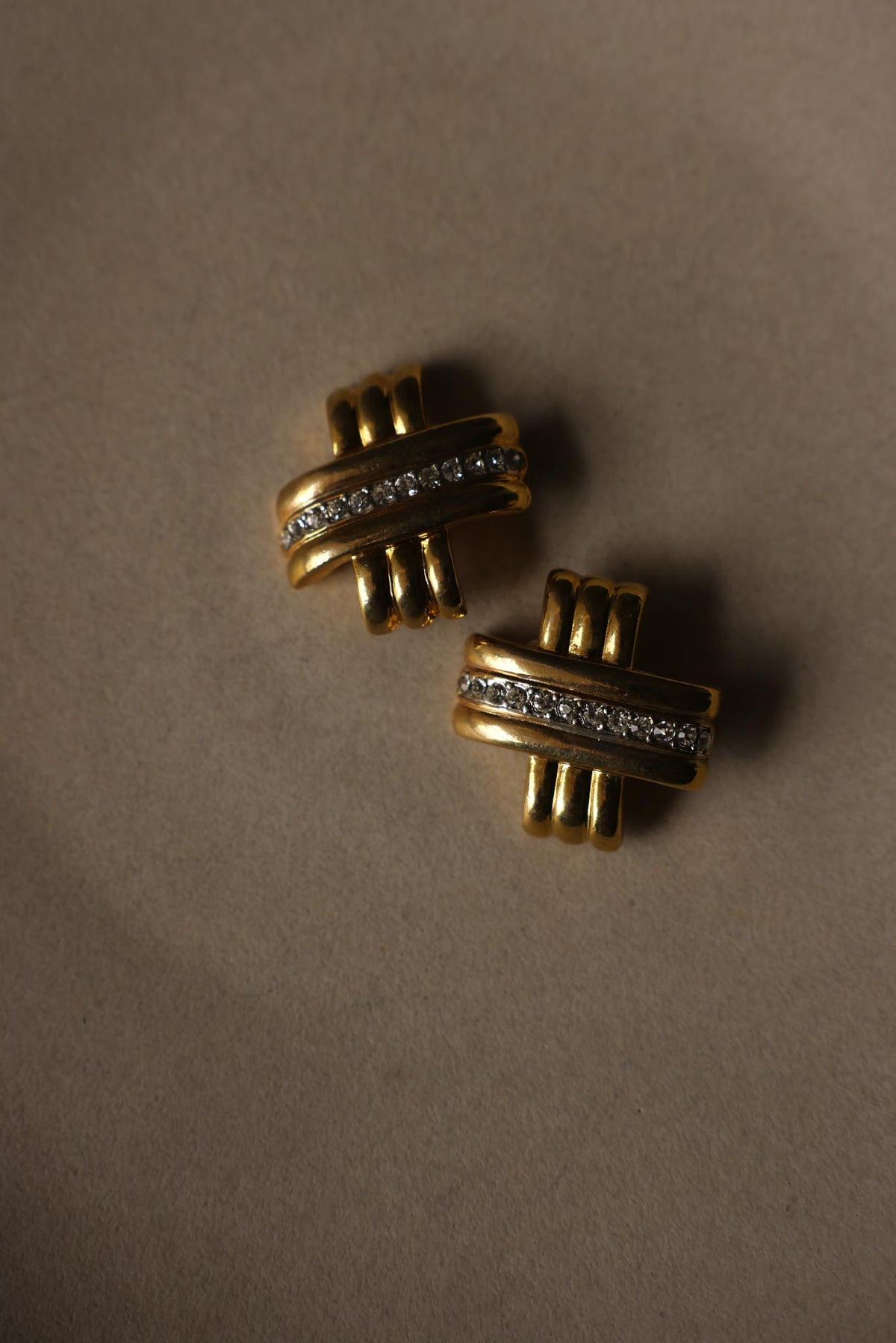 Gold Tone Crisscross Clear Rhinestone Clip-On Earrings