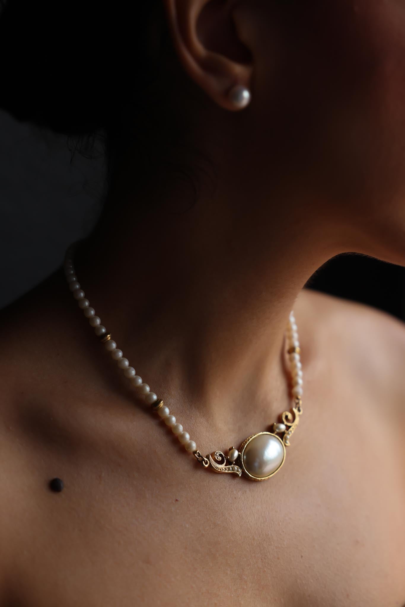 Signed 1928 Faux Pearl Necklace with Ornate Gold-Tone Centerpiece|Vintage Baazaar 