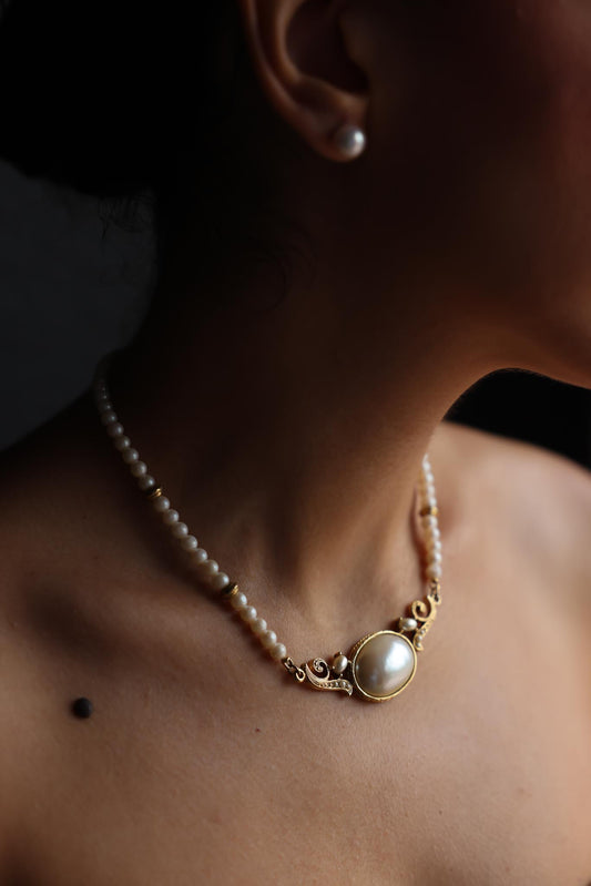 Signed 1928 Faux Pearl Necklace with Ornate Gold-Tone Centerpiece|Vintage Baazaar 