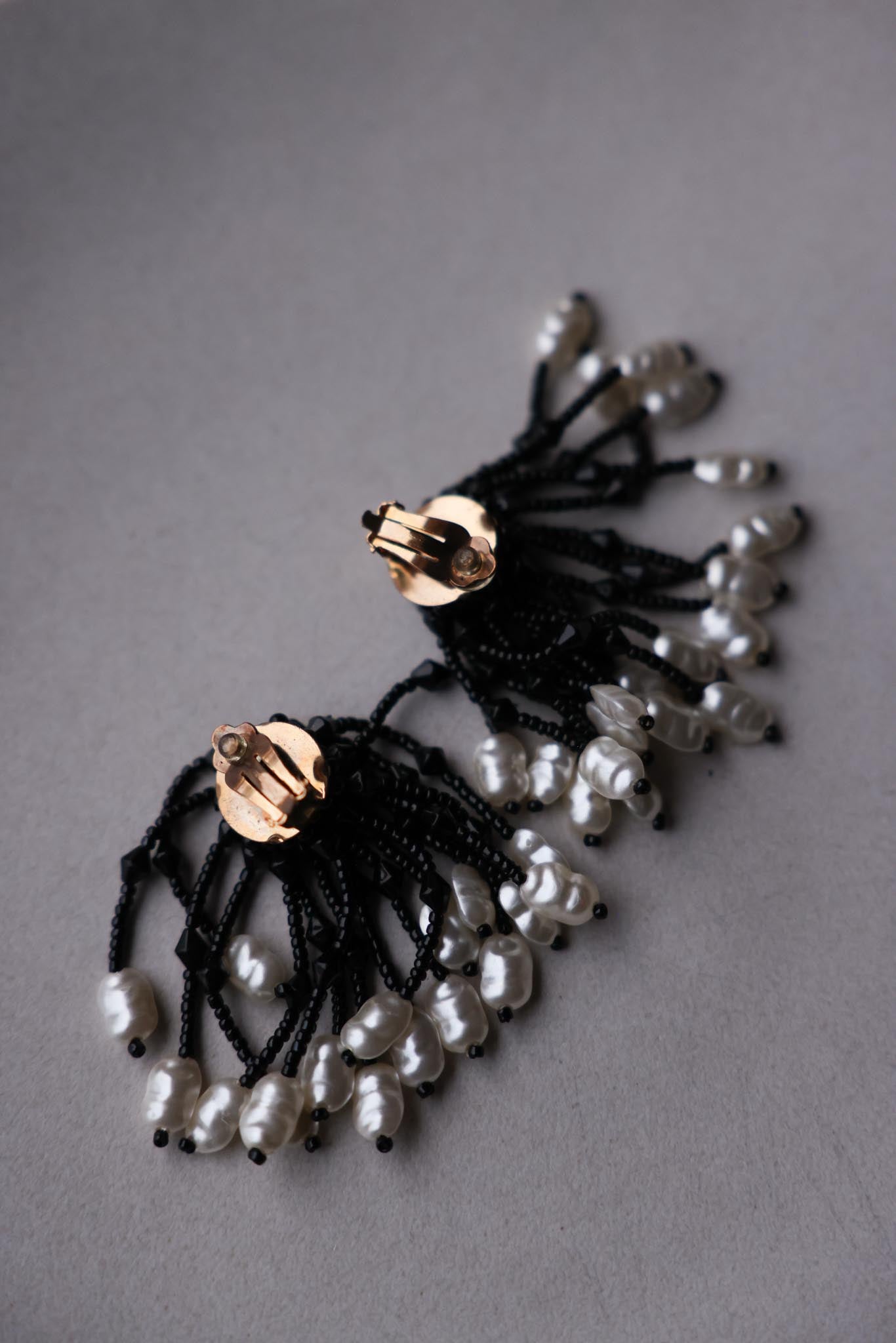 Black Bead & Pearl Fringe Earrings