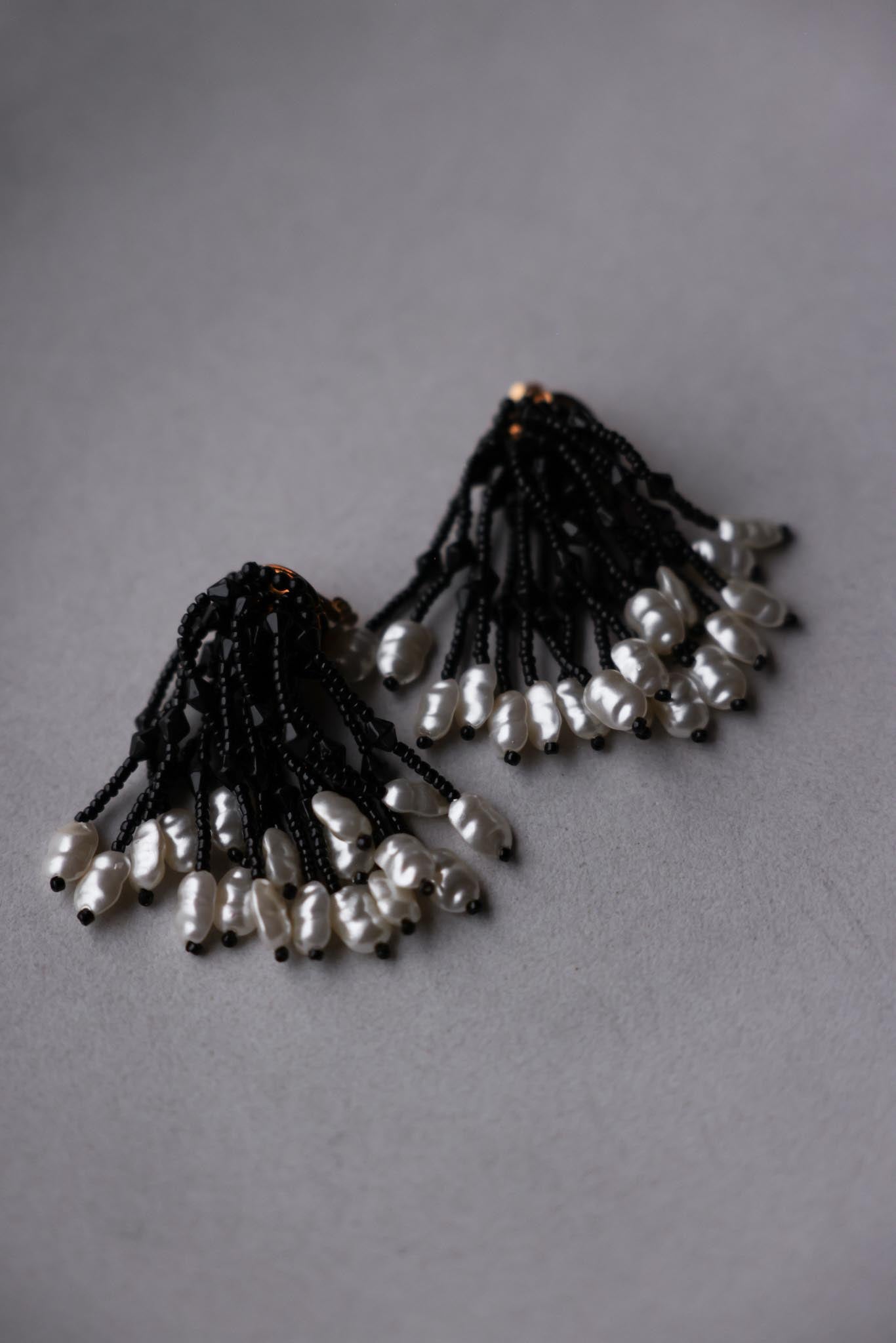 Black Bead & Pearl Fringe Earrings