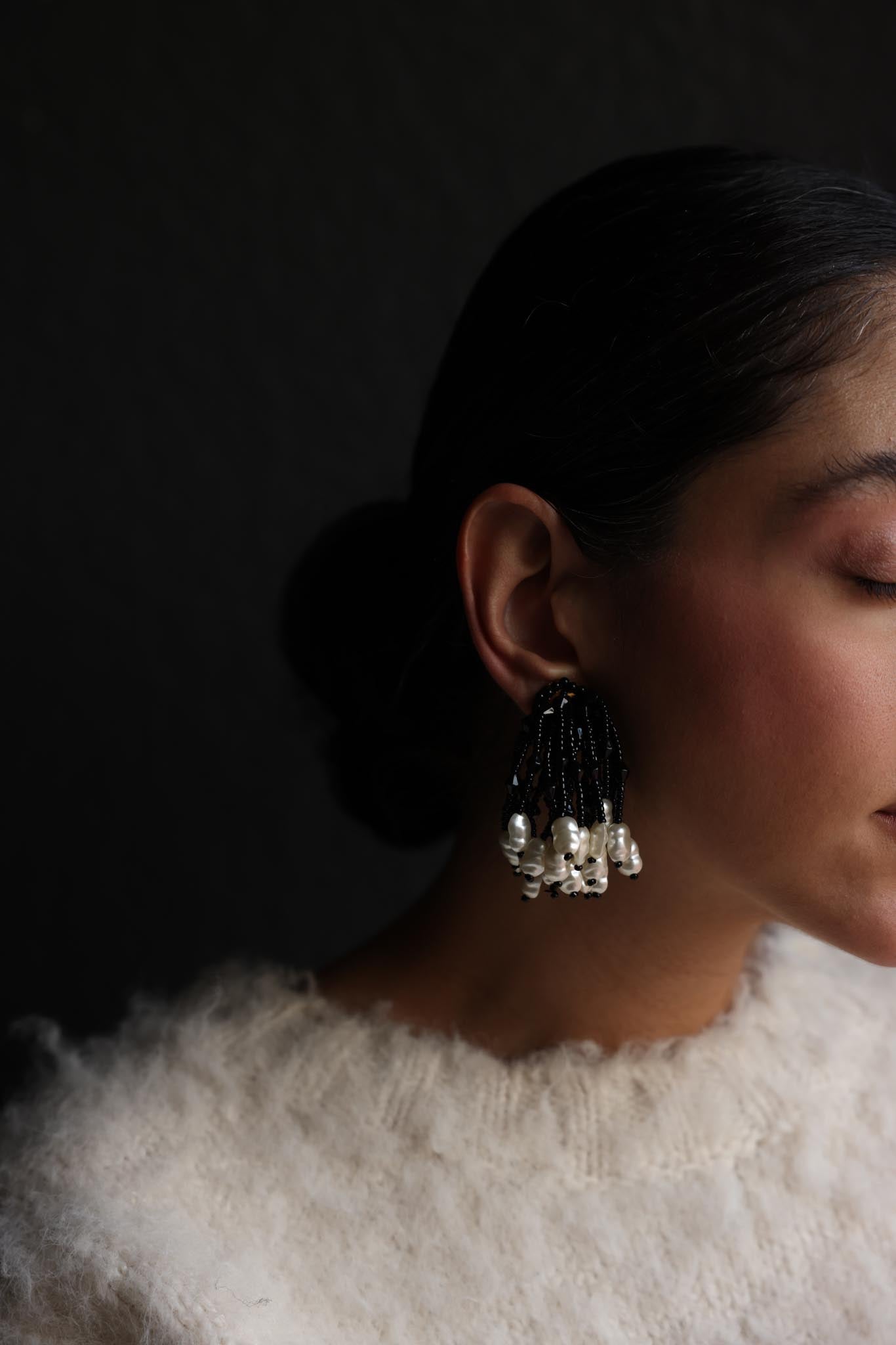 Black Bead & Pearl Fringe Earrings