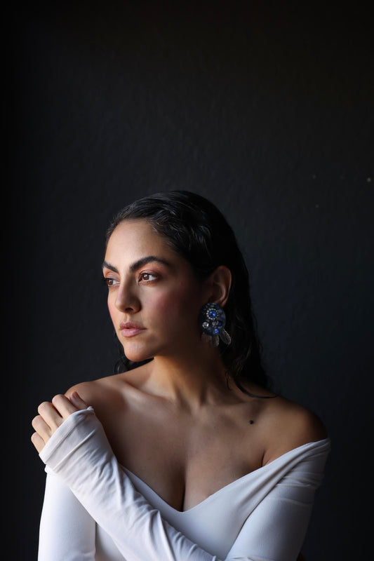 Blue Rhinestone and Frosted Leaf Clip-On Earrings|Vintage Baazaar 