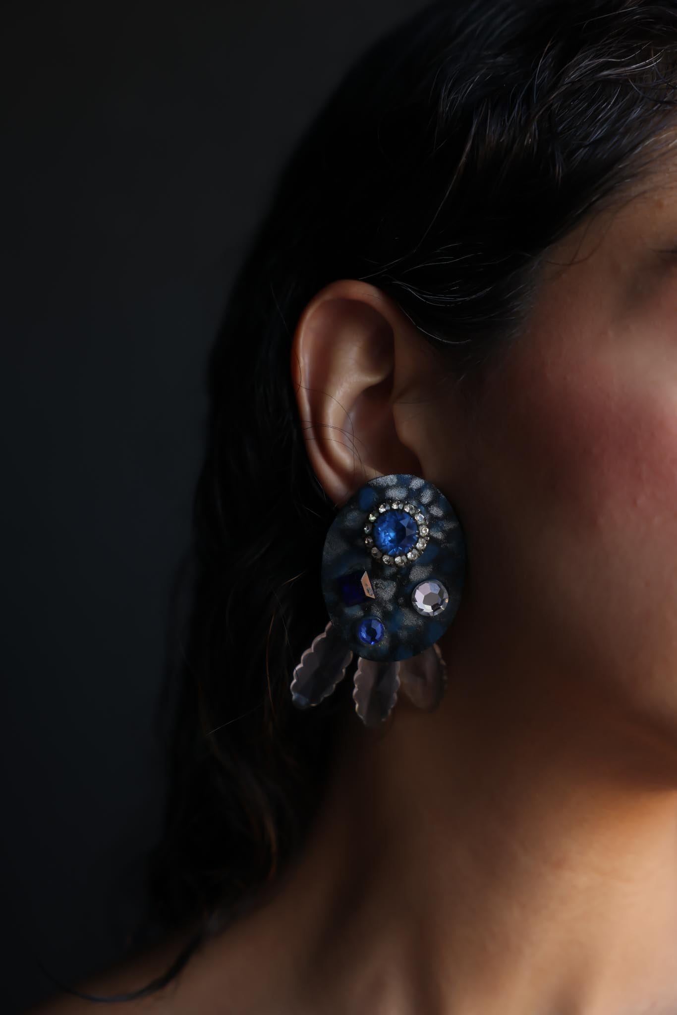 Blue Rhinestone and Frosted Leaf Clip-On Earrings|Vintage Baazaar 