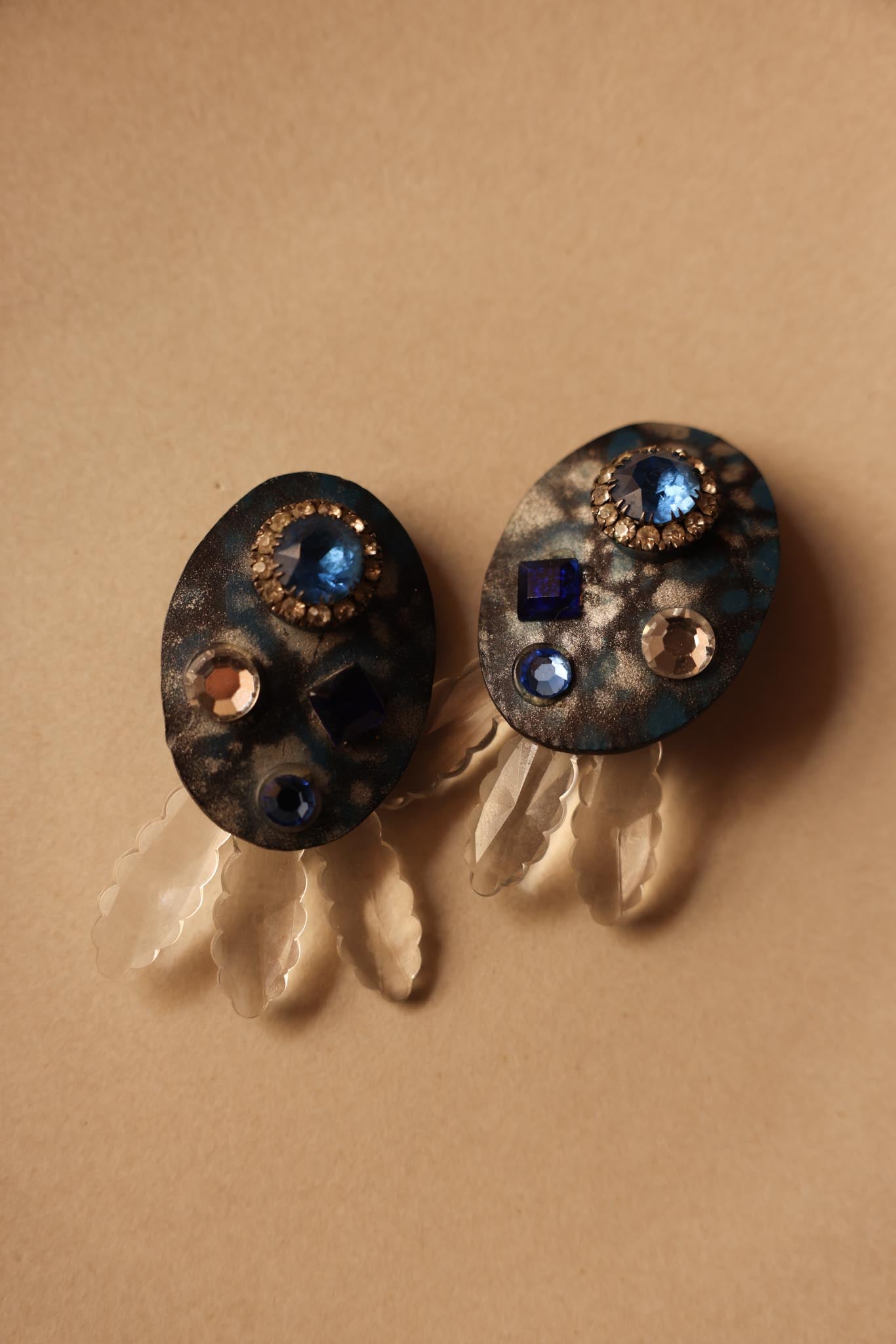 Blue Rhinestone and Frosted Leaf Clip-On Earrings|Vintage Baazaar 
