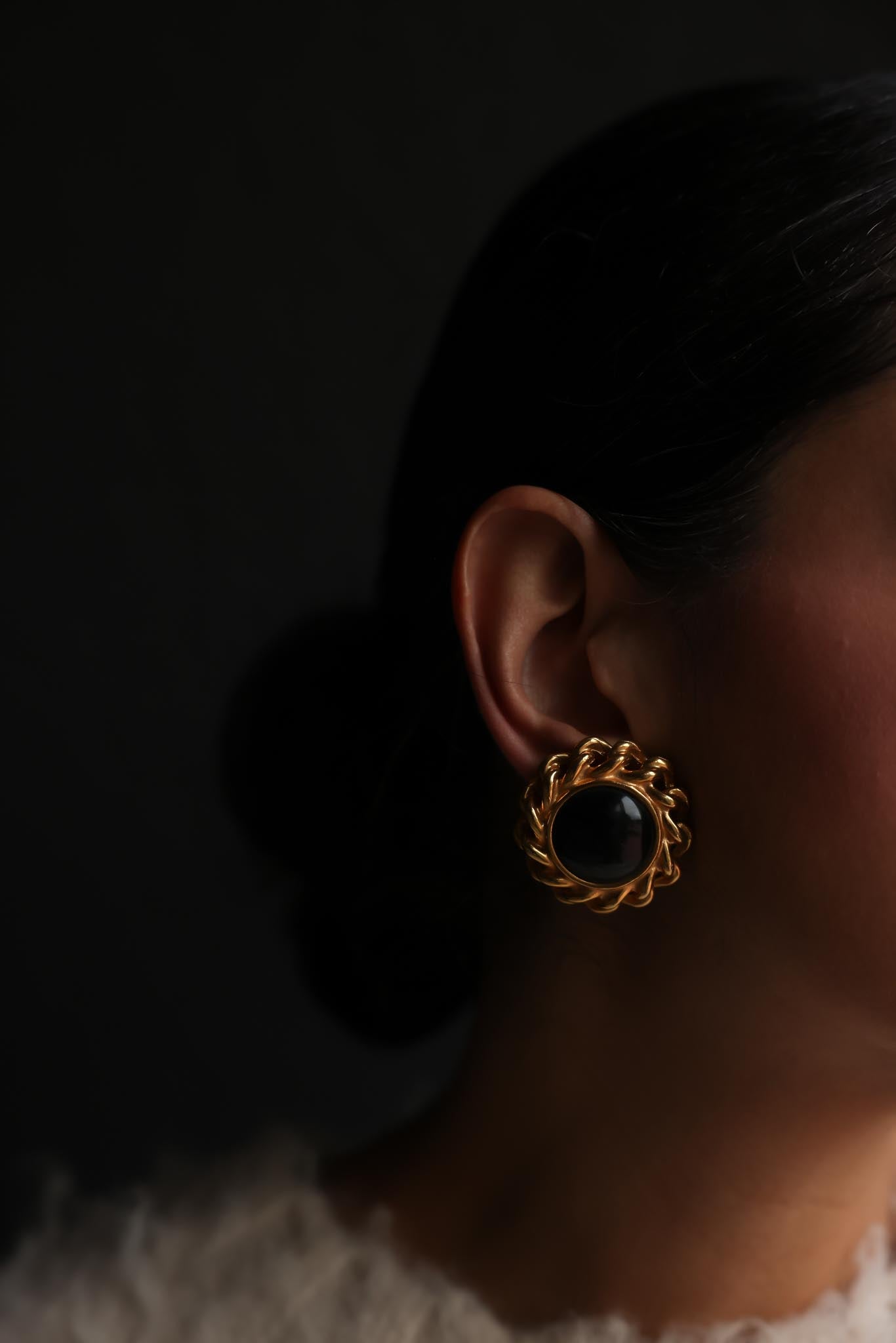 Black Cabochon Rope Clip-On Earrings