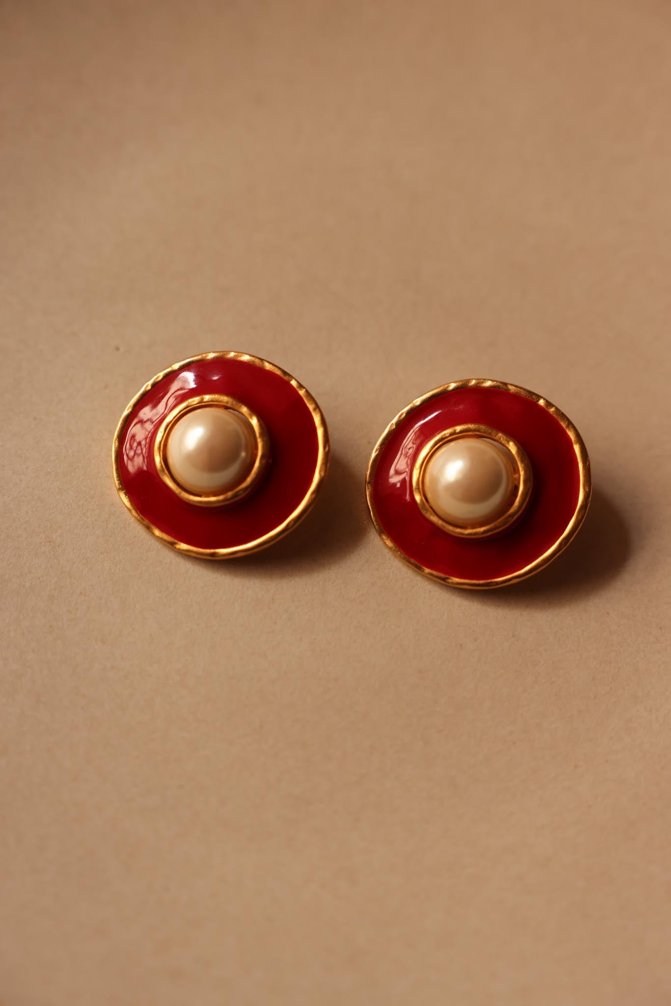 Red Enamel Clip-On Earrings with Faux Pearl Center|Vintage Baazaar 