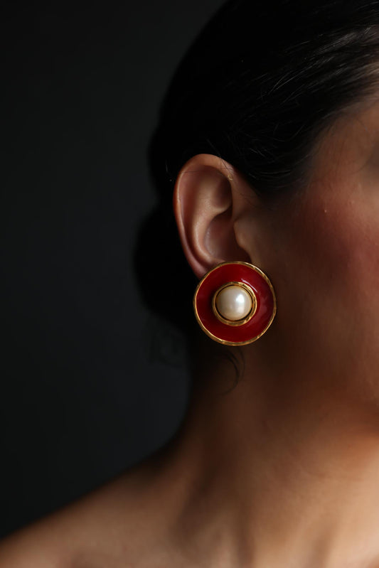 Red Enamel Clip-On Earrings with Faux Pearl Center|Vintage Baazaar 