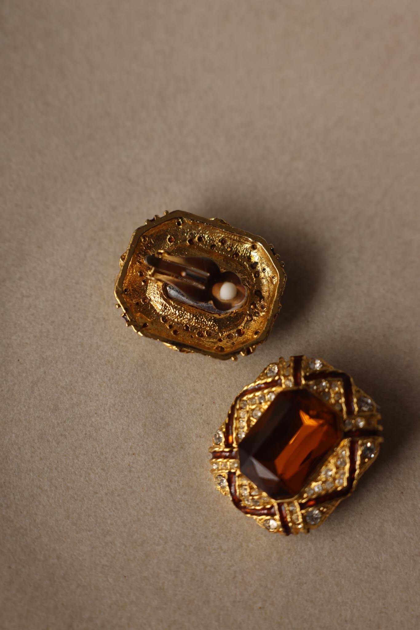 Vintage Gold Plated Amber Crystal Rhinestone Clip-On Earrings