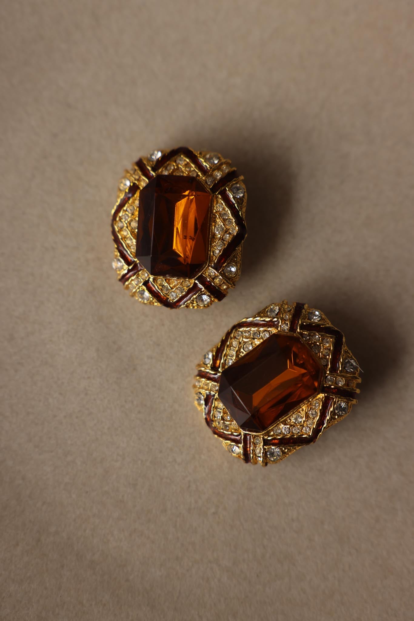 Vintage Gold Plated Amber Crystal Rhinestone Clip-On Earrings
