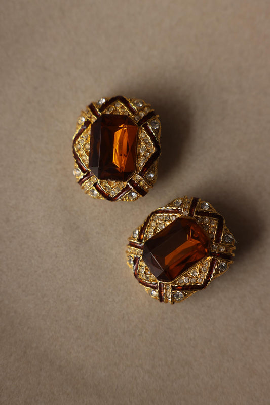 Vintage Gold Plated Amber Crystal Rhinestone Clip-On Earrings