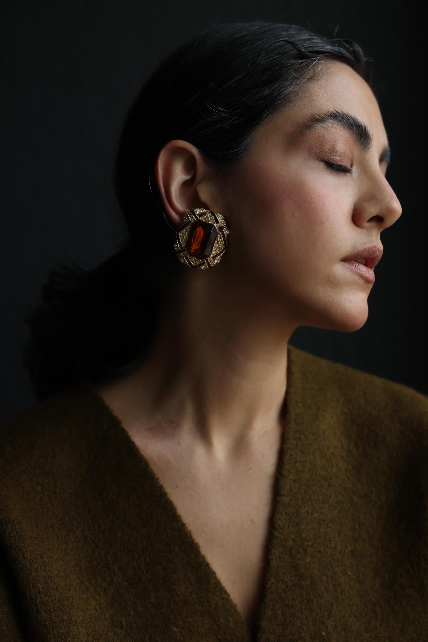 Vintage Gold Plated Amber Crystal Rhinestone Clip-On Earrings