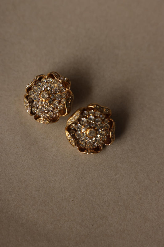 Vintage Gold Tone Rhinestone Flower Clip-On Earrings