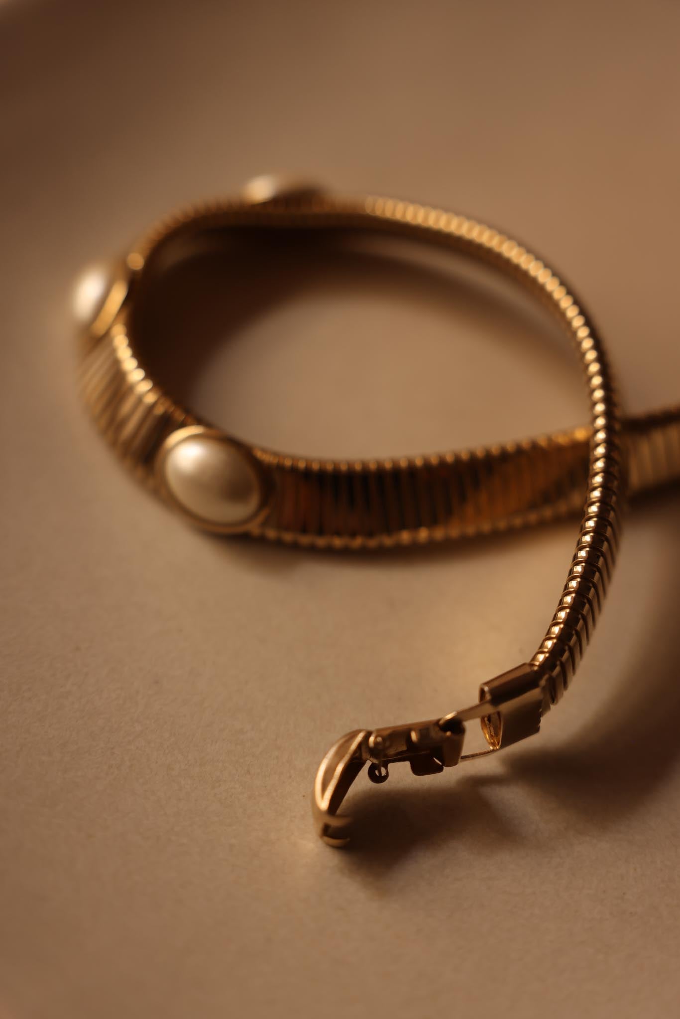 Gold-Tone Omega Chain Necklace with Faux Pearls|Vintage Baazaar 