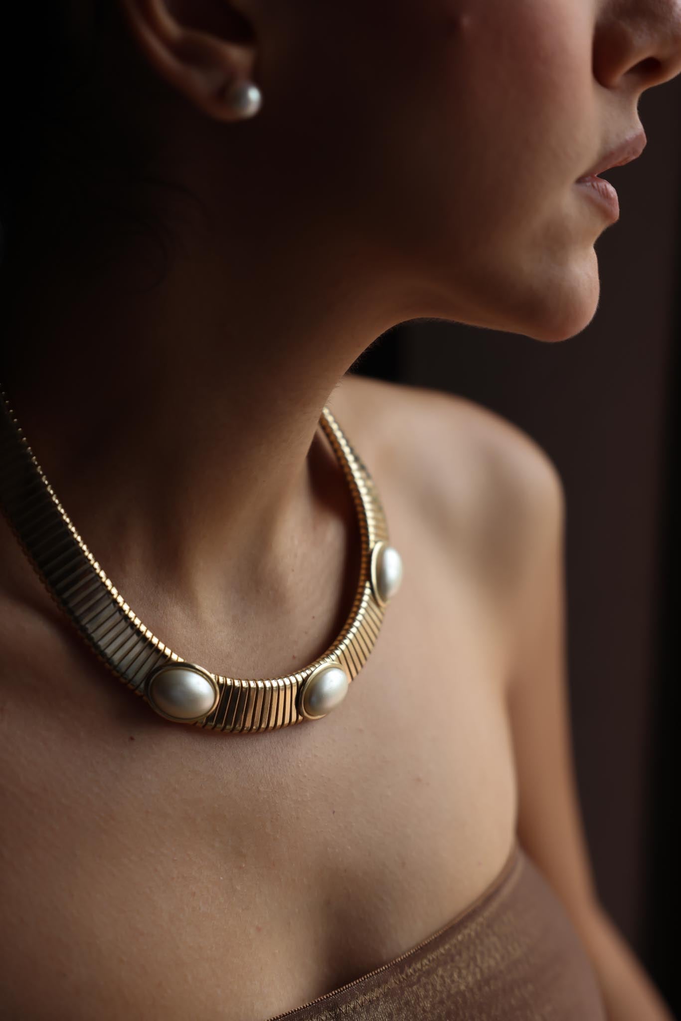 Gold-Tone Omega Chain Necklace with Faux Pearls|Vintage Baazaar 
