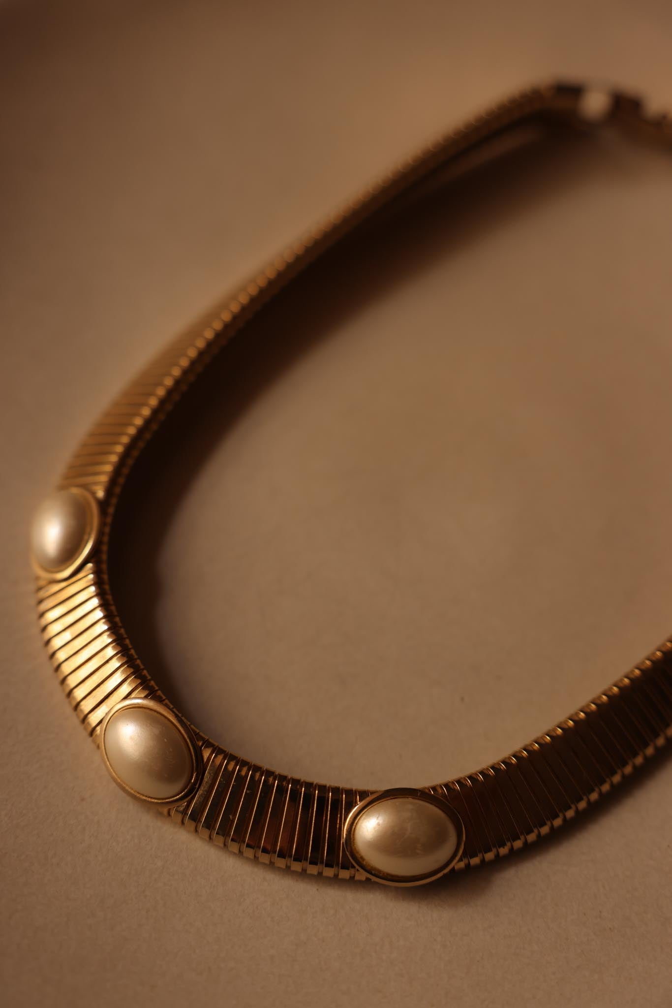 Gold-Tone Omega Chain Necklace with Faux Pearls|Vintage Baazaar 