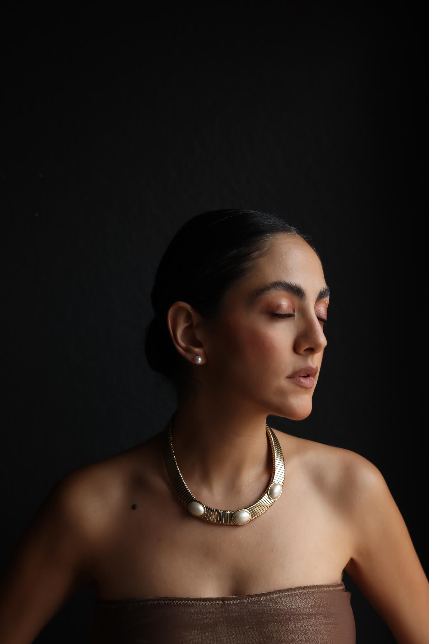 Gold-Tone Omega Chain Necklace with Faux Pearls|Vintage Baazaar 
