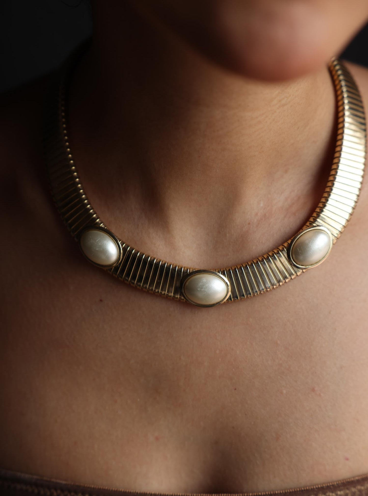 Gold-Tone Omega Chain Necklace with Faux Pearls|Vintage Baazaar 