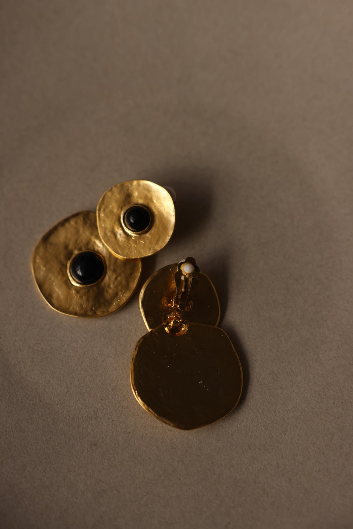Oversized Matte Gold Double Disc Black Cabochon Drop Clip-On Earrings