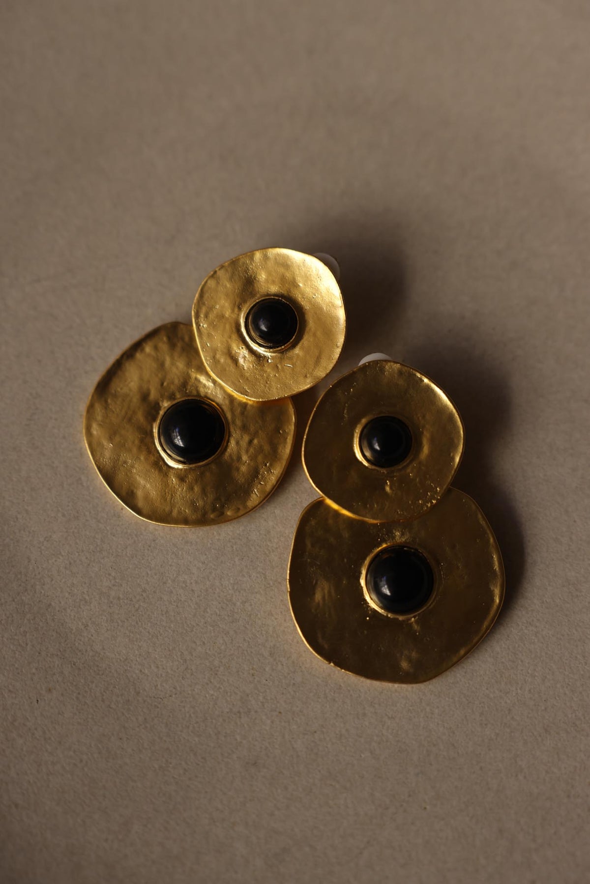 Oversized Matte Gold Double Disc Black Cabochon Drop Clip-On Earrings