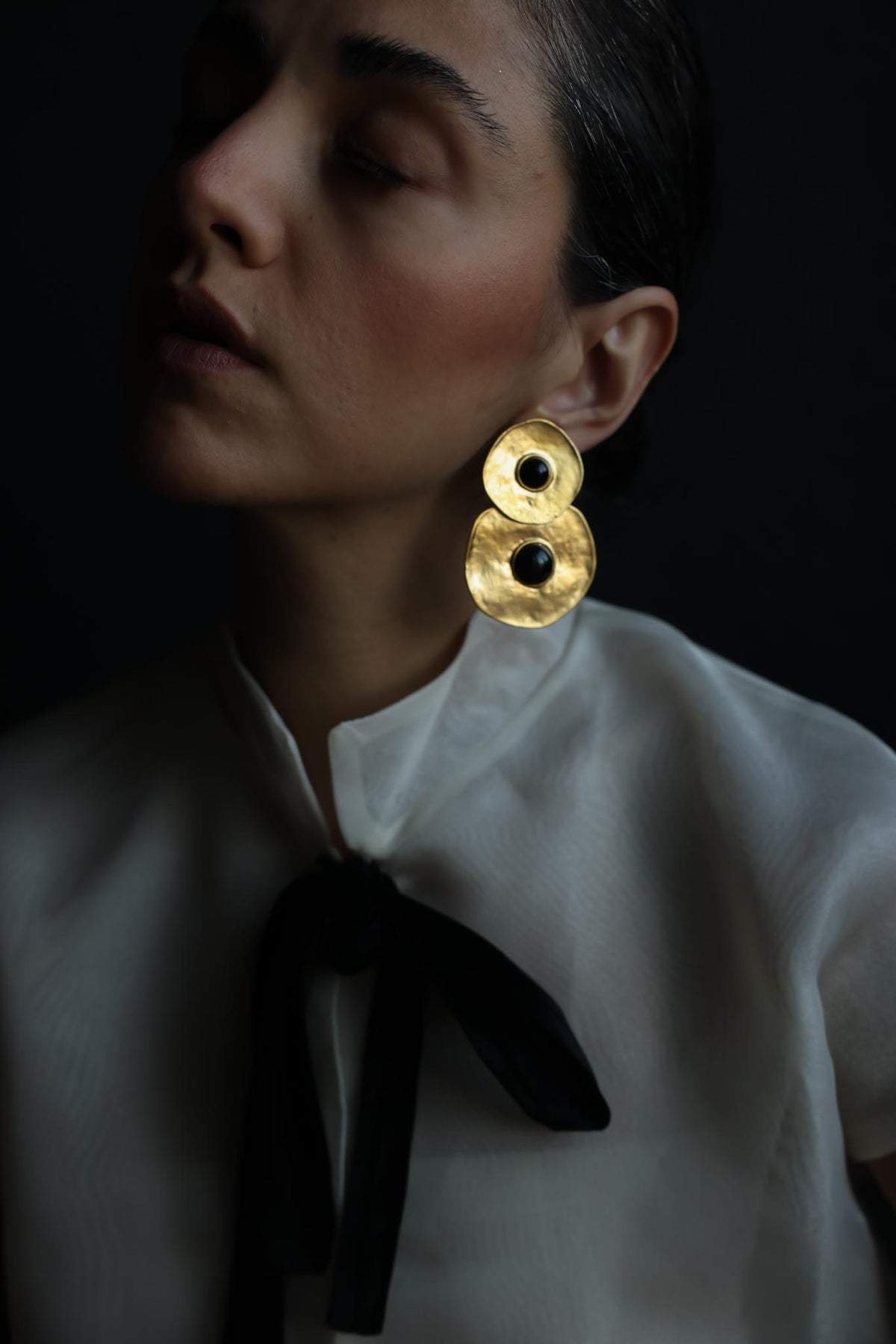 Oversized Matte Gold Double Disc Black Cabochon Drop Clip-On Earrings