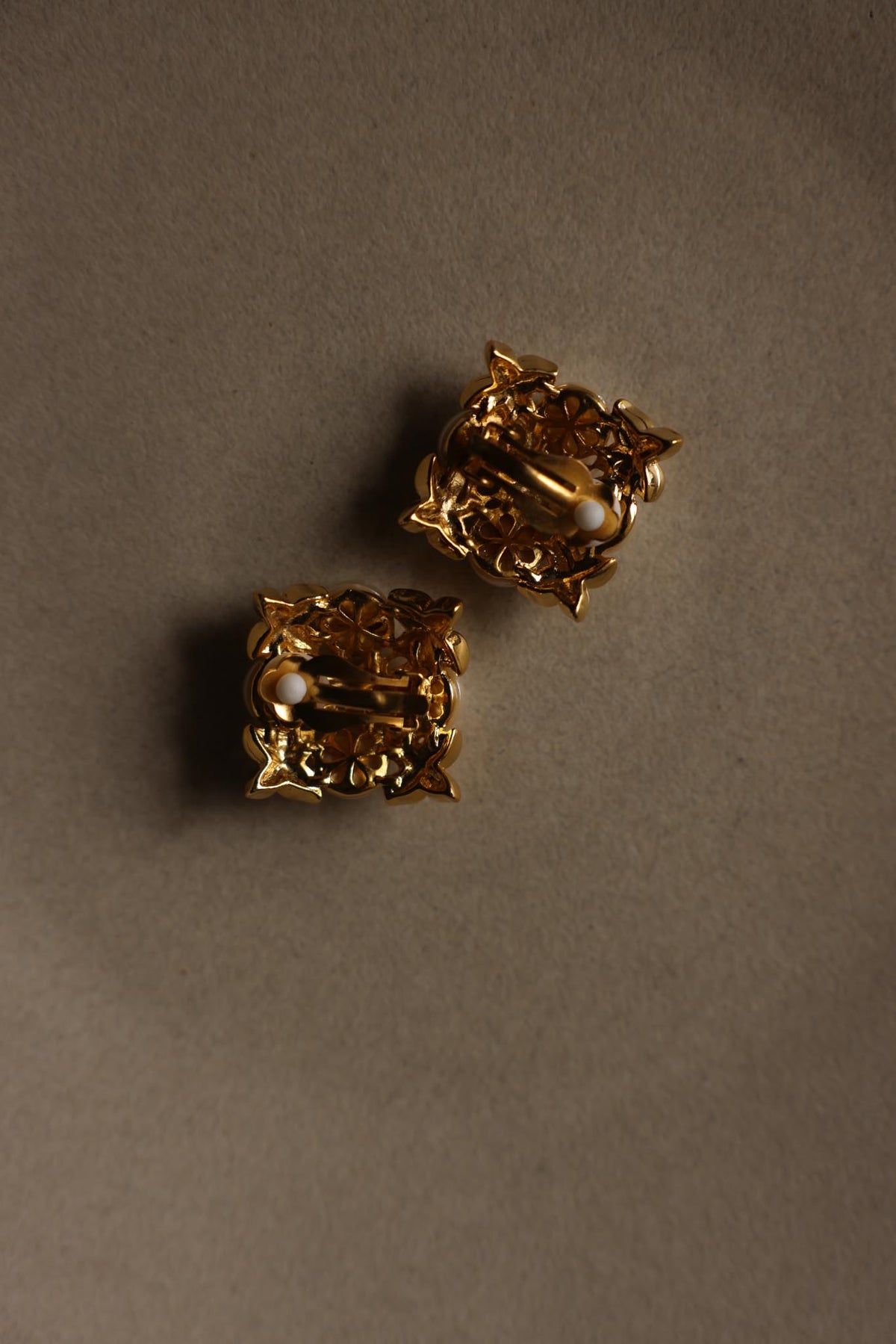 Gold Tone Square Floral Faux Pearl Clip-On Earrings|Vintage Baazaar 