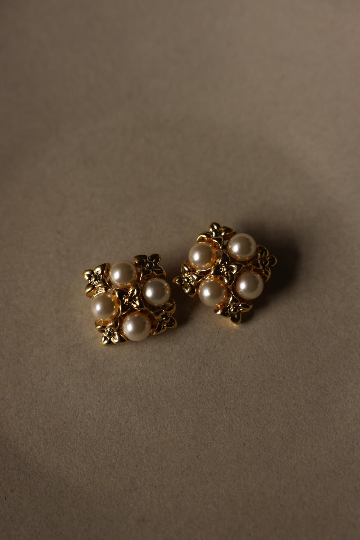Gold Tone Square Floral Faux Pearl Clip-On Earrings|Vintage Baazaar 