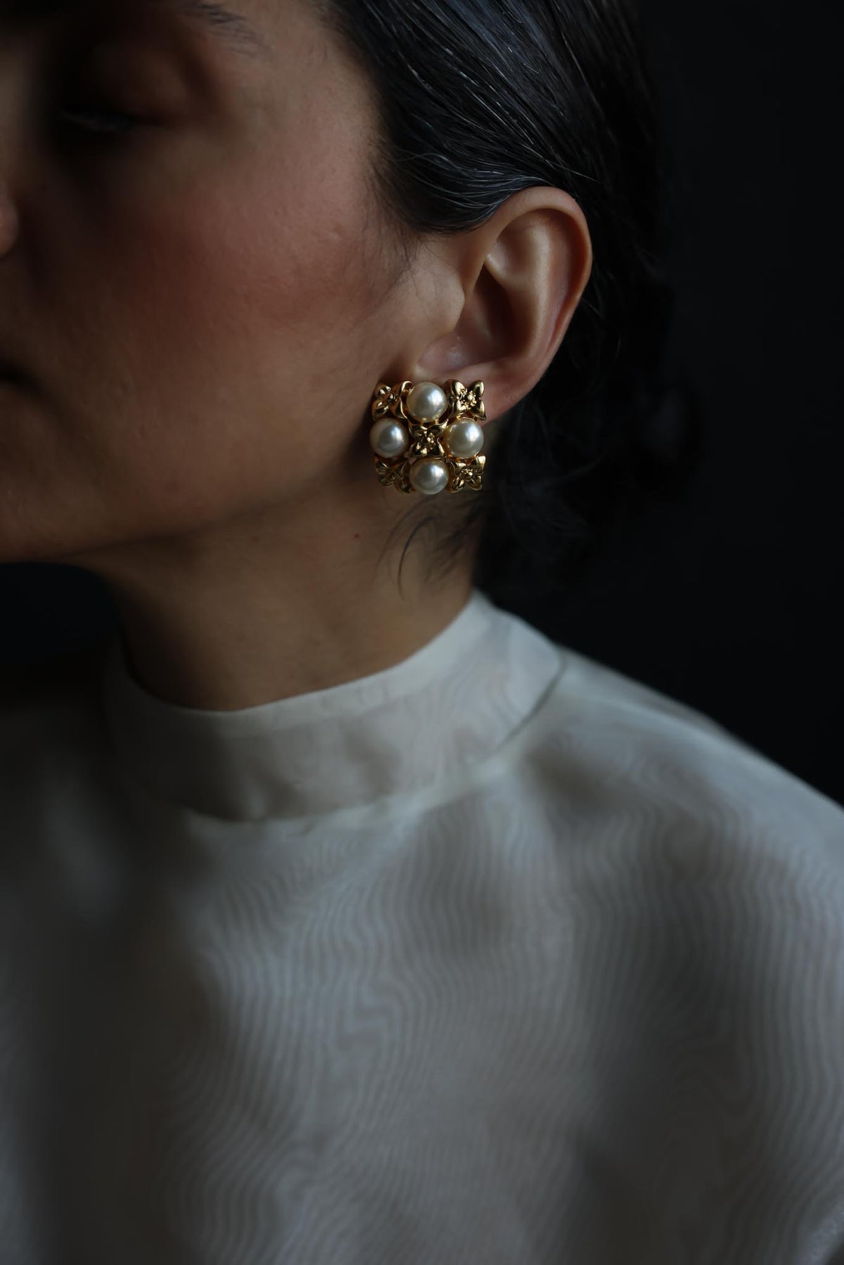 Gold Tone Square Floral Faux Pearl Clip-On Earrings|Vintage Baazaar 