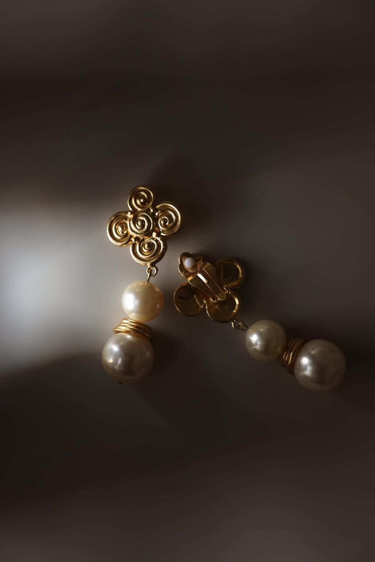 Gold Tone Spiral Floral Faux Pearl Drop Clip-On Earrings
