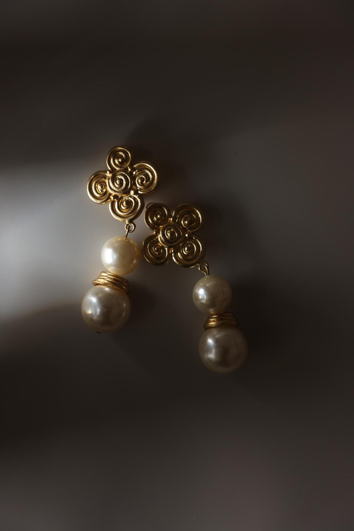Gold Tone Spiral Floral Faux Pearl Drop Clip-On Earrings