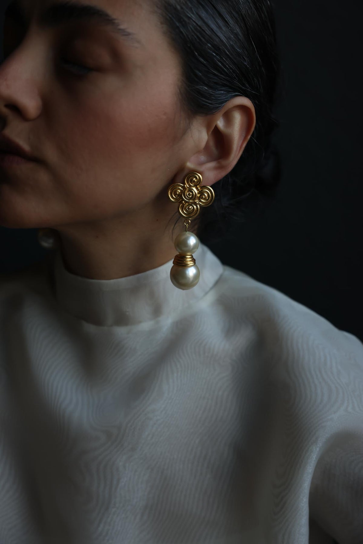 Gold Tone Spiral Floral Faux Pearl Drop Clip-On Earrings