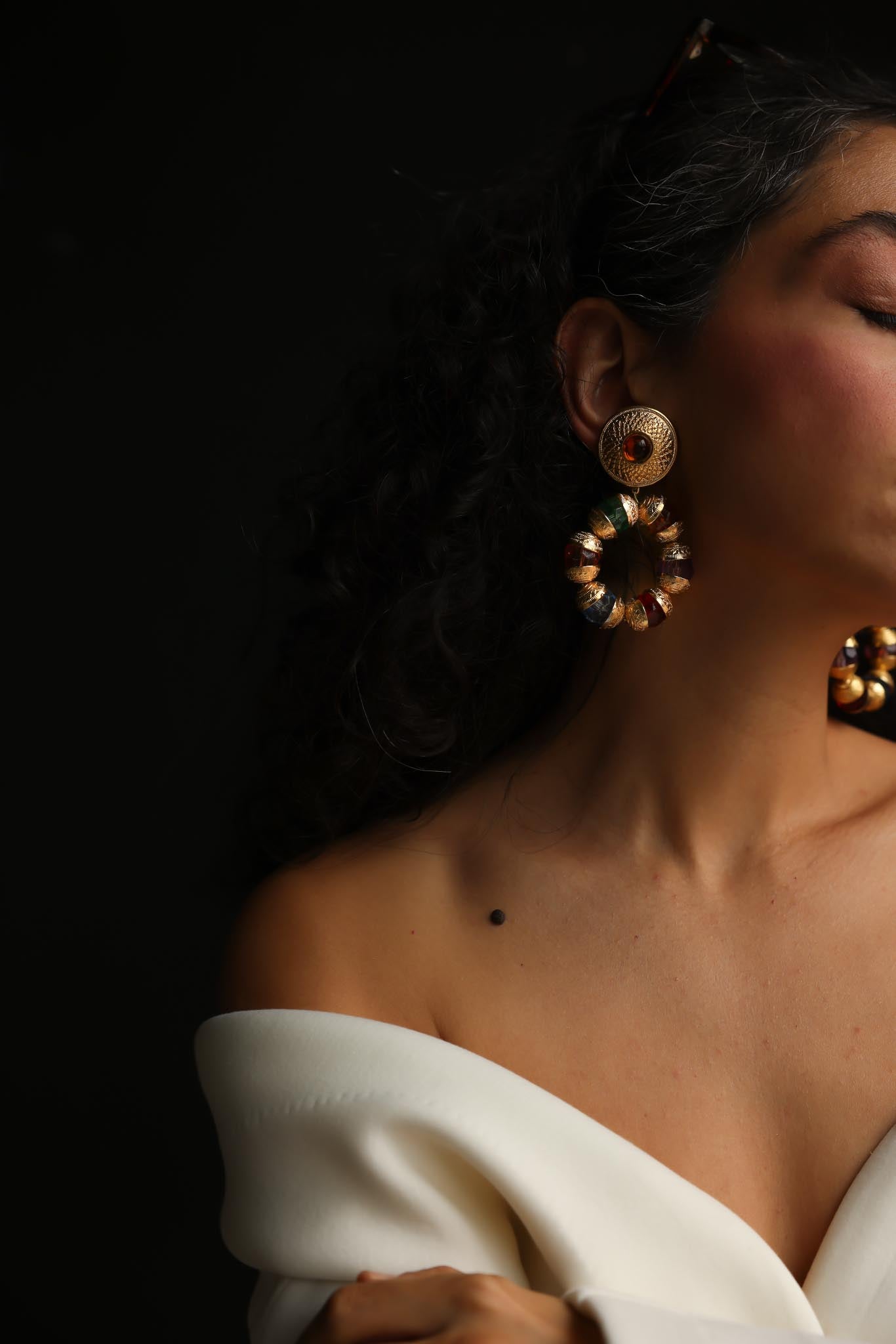 Multicolor Beaded Hoop Clip-On Earrings