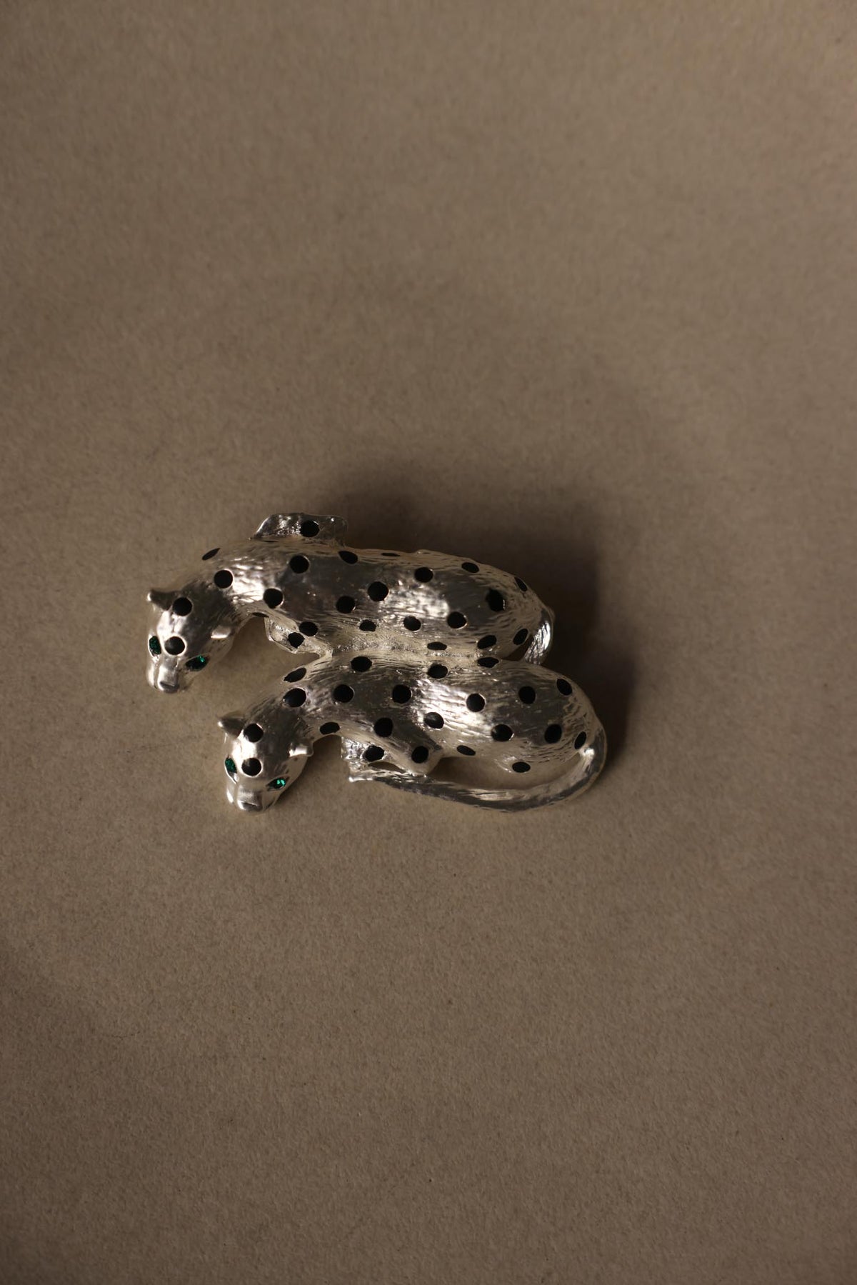 Silvertone Double Leopard Brooch with Green Rhinestone Eyes