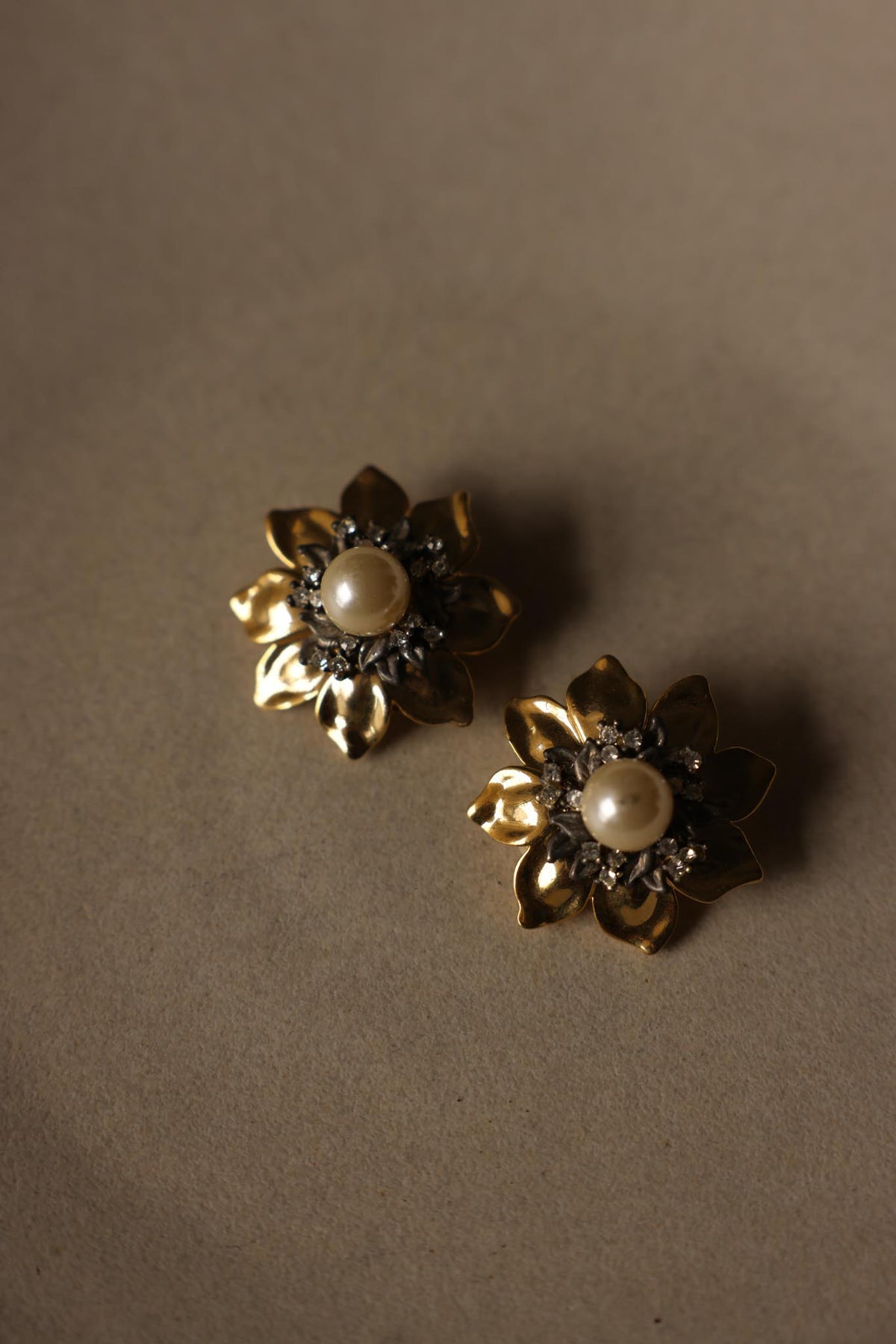 Oversized Two Tone Floral Faux Pearl Rhinestone Clip-On Earrings