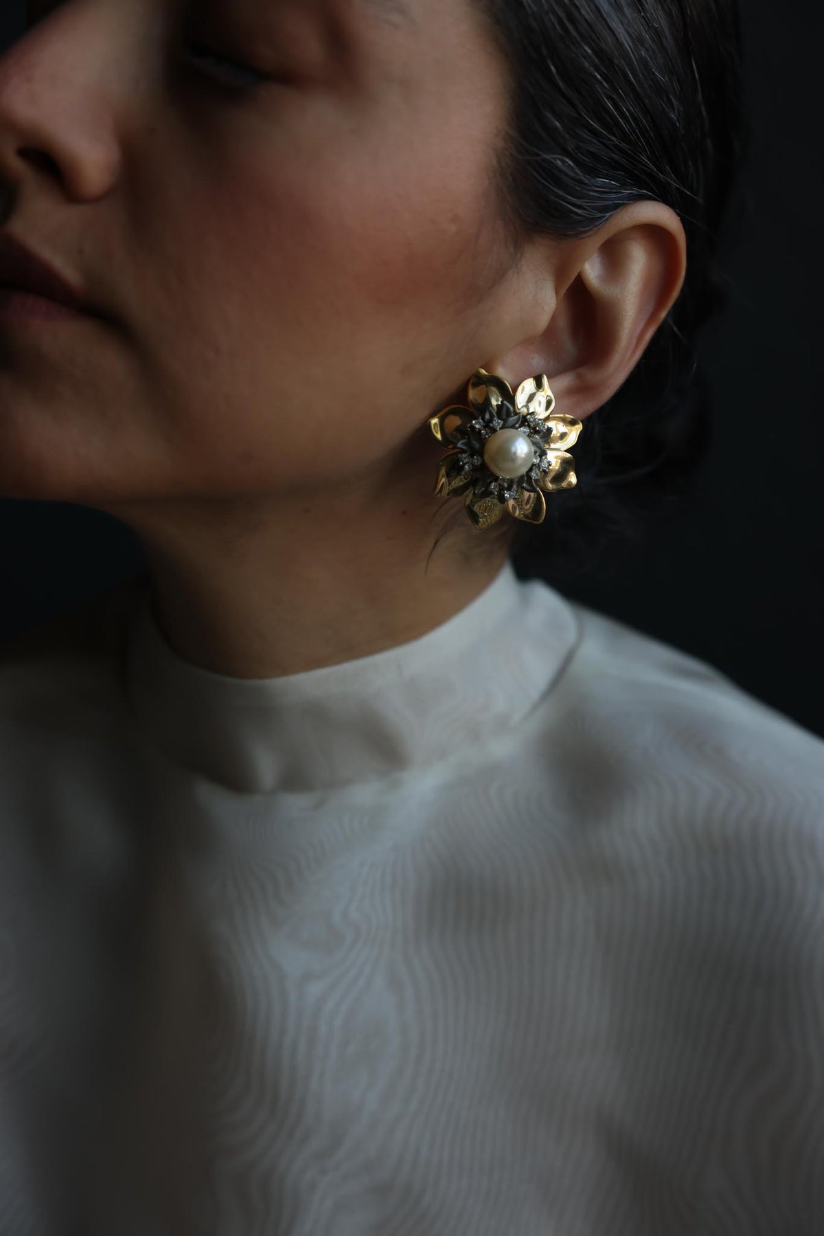 Oversized Two Tone Floral Faux Pearl Rhinestone Clip-On Earrings