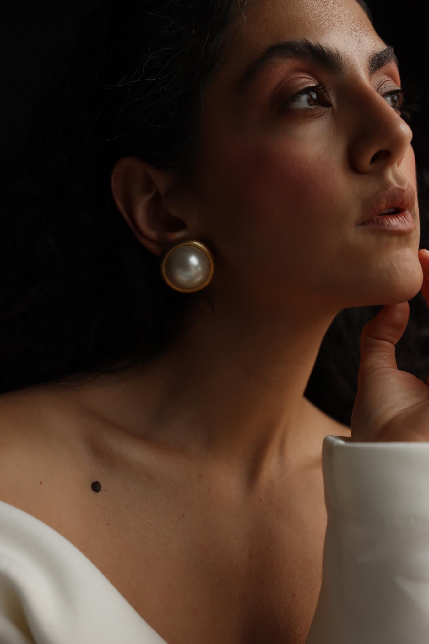 Chunky Round Matte Gold Faux Pearl Clip-On Earrings