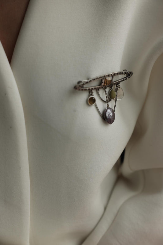 Silver-Tone Multicolor Cabochon Bar Brooch With Chain Dangles|Vintage Baazaar 