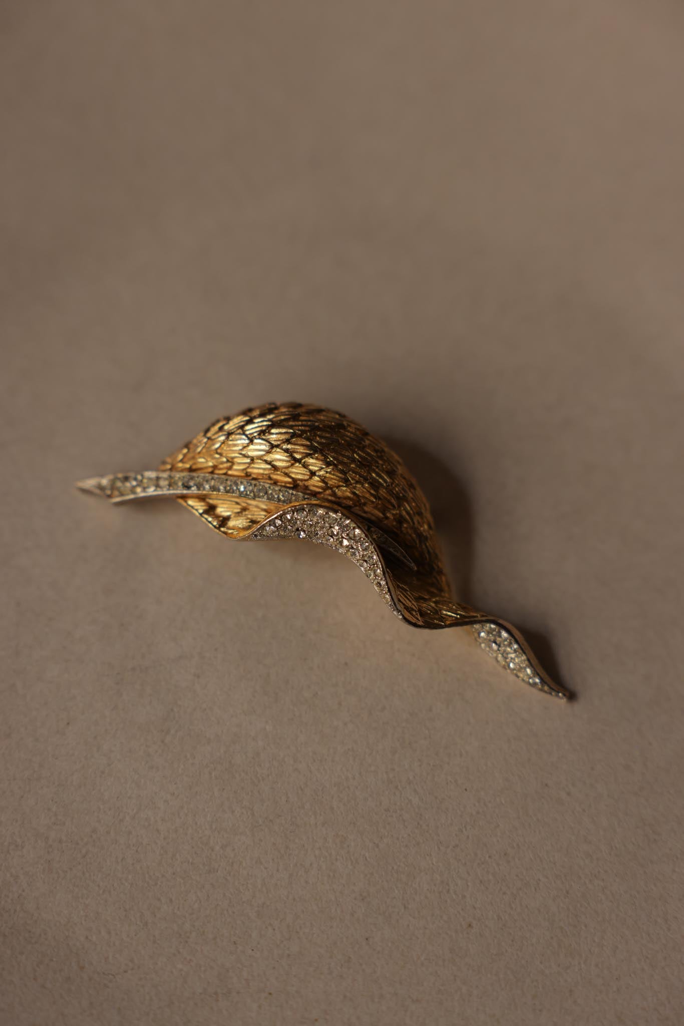 Gold-Tone Leaf Brooch With Clear Rhinestones